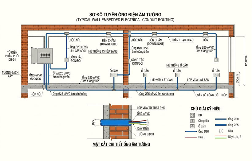 Tuyến ống điện được bố tr&iacute; khoa học, thuận tiện kiểm tra v&agrave; sửa chữa