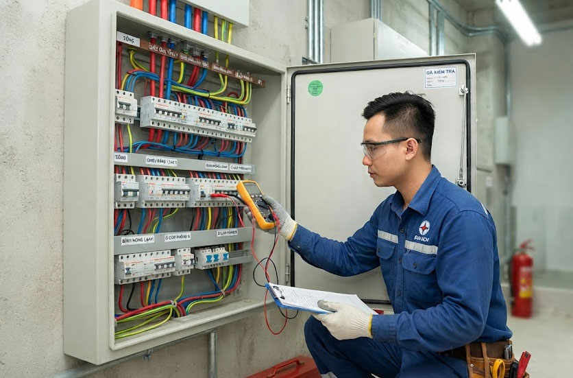 Kỹ thuật vi&ecirc;n kiểm tra tủ điện v&agrave; c&aacute;c mạch trước b&agrave;n giao