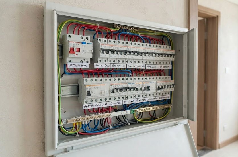 Tủ điện gia đ&igrave;nh với aptomat tổng v&agrave; aptomat c&aacute;c nh&aacute;nh