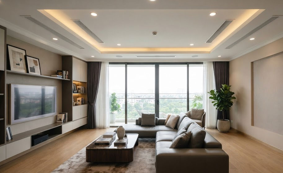 Điều h&ograve;a nối ống gi&oacute; &acirc;m trần trong kh&ocirc;ng gian ph&ograve;ng kh&aacute;ch cao cấp