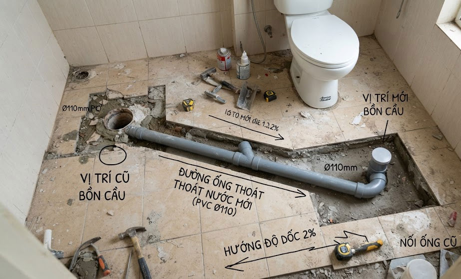 T&iacute;nh to&aacute;n tuyến ống trước khi chốt vị tr&iacute; bồn cầu mới