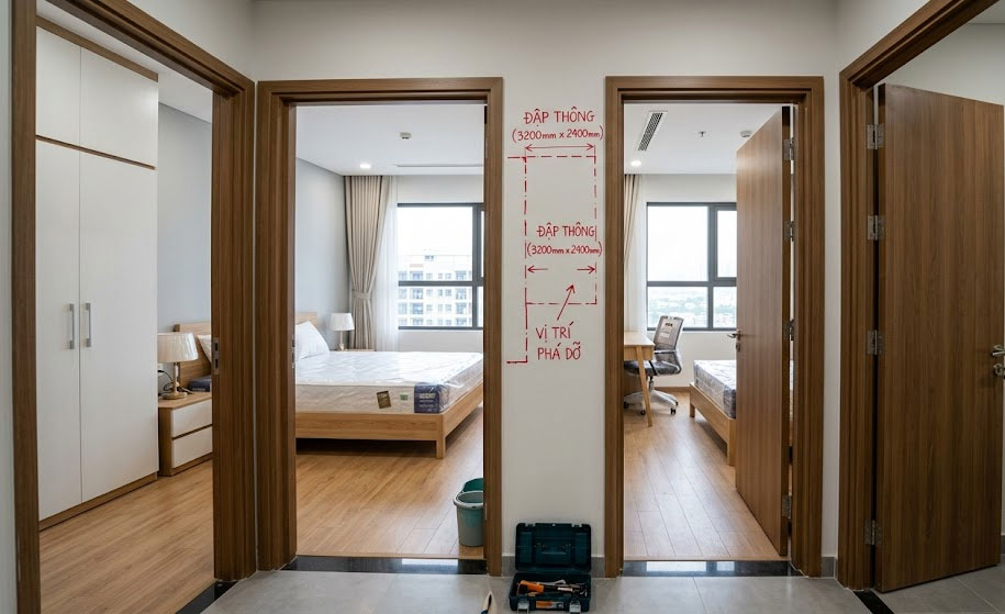 Hiện trạng hai ph&ograve;ng ngủ liền kề trước khi đập th&ocirc;ng