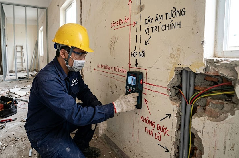 X&aacute;c định hệ thống điện &acirc;m tường trước khi th&aacute;o dỡ v&aacute;ch
