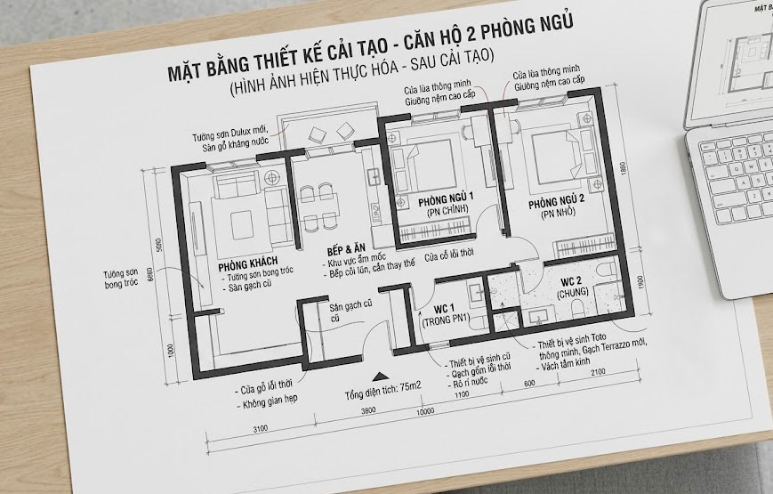 Mặt bằng 2 ph&ograve;ng ngủ trước khi đập th&ocirc;ng