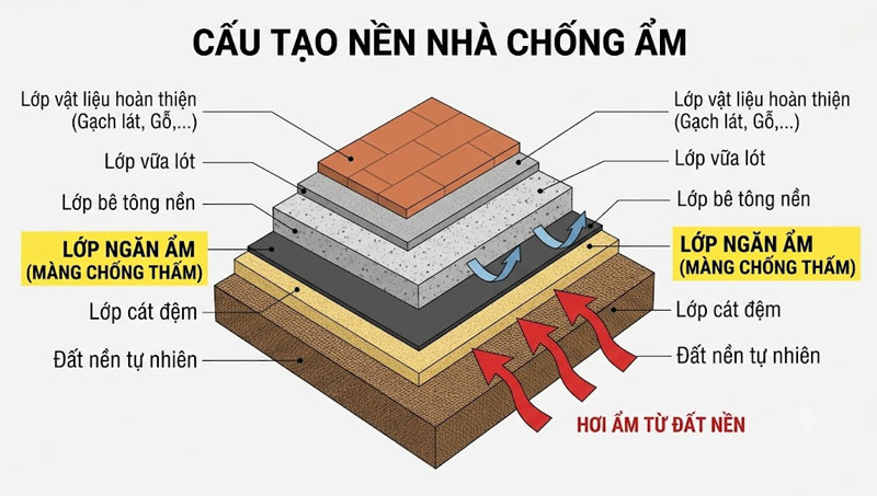 Cấu tạo nền với lớp ngăn ẩm gi&uacute;p hạn chế hơi ẩm từ nền đất truyền l&ecirc;n