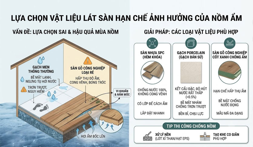 Lựa chọn vật liệu l&aacute;t s&agrave;n ph&ugrave; hợp gi&uacute;p hạn chế ảnh hưởng của nồm ẩm