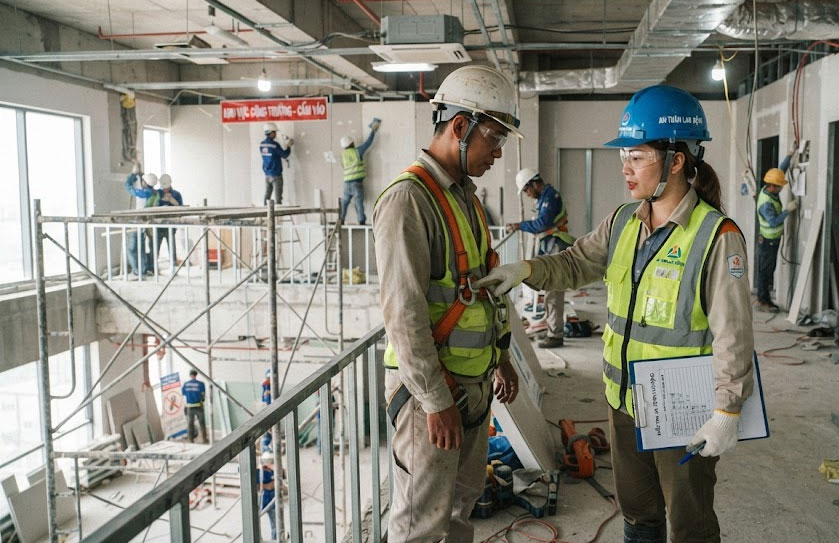 Kỹ sư gi&aacute;m s&aacute;t kiểm tra việc tu&acirc;n thủ an to&agrave;n lao động tại c&ocirc;ng trường nội thất