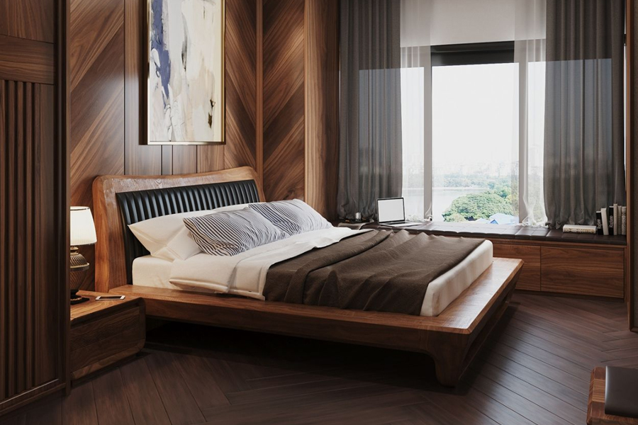 Bố tr&iacute; giường ngủ gỗ &oacute;c ch&oacute; gần cửa sổ gi&uacute;p kh&ocirc;ng gian tr&agrave;n đầy sức sống