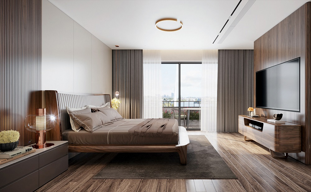 Giường ngủ gỗ &oacute;c ch&oacute; với thiết kế tối giản gi&uacute;p kh&ocirc;ng gian th&ecirc;m rộng tho&aacute;ng