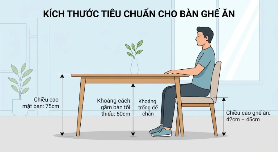 Ti&ecirc;u chuẩn k&iacute;ch thước cho bộ b&agrave;n ghế ăn gỗ &oacute;c ch&oacute;
