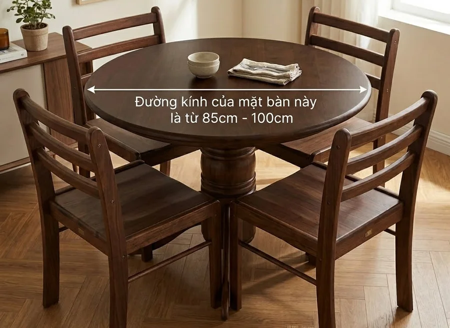 K&iacute;ch thước b&agrave;n ăn tr&ograve;n gỗ &oacute;c ch&oacute; 4 ghế