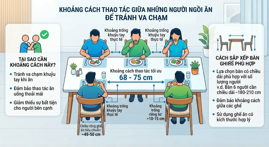 Quy chuẩn khoảng c&aacute;ch ngồi b&agrave;n ăn gỗ &oacute;c ch&oacute;