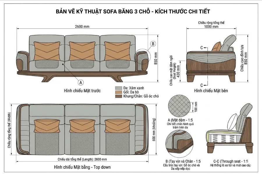 K&iacute;ch thước sofa văng gỗ &oacute;c ch&oacute;