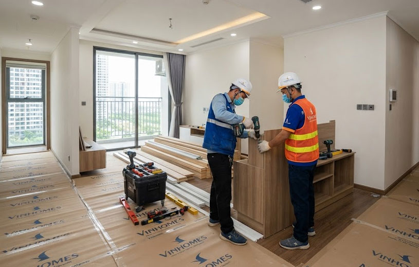 Thi c&ocirc;ng nội thất tại Vinhomes với c&ocirc;ng trường sạch sẽ v&agrave; gọn g&agrave;ng