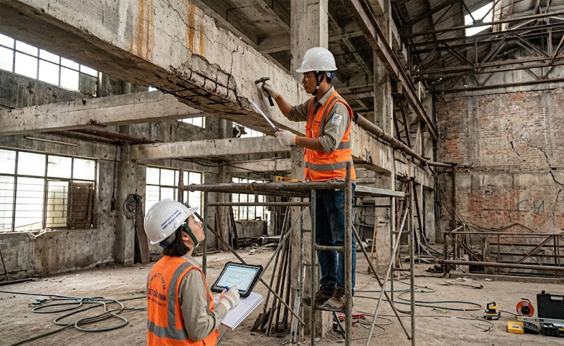 Kiểm tra cột dầm s&agrave;n nh&agrave; phố cũ trước khi đập ph&aacute;