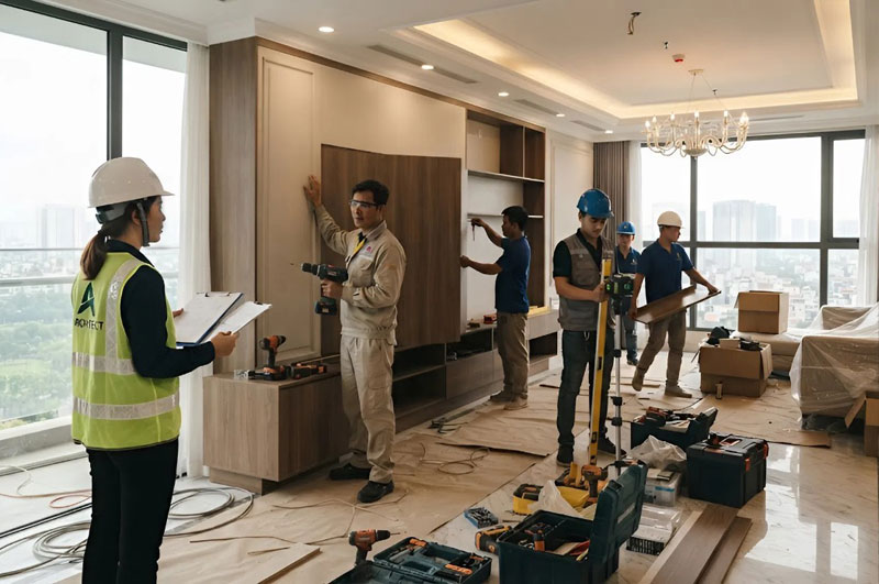 Đội ngũ thi c&ocirc;ng nội thất trọn g&oacute;i tại căn hộ Vinhomes