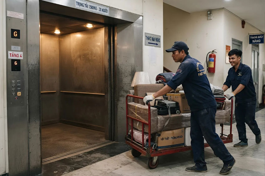 Vận chuyển vật tư nội thất bằng thang m&aacute;y chở h&agrave;ng tại Vinhomes