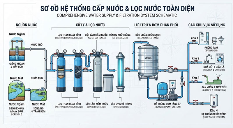 Sơ đồ hệ thống lọc nước tổng biệt thự