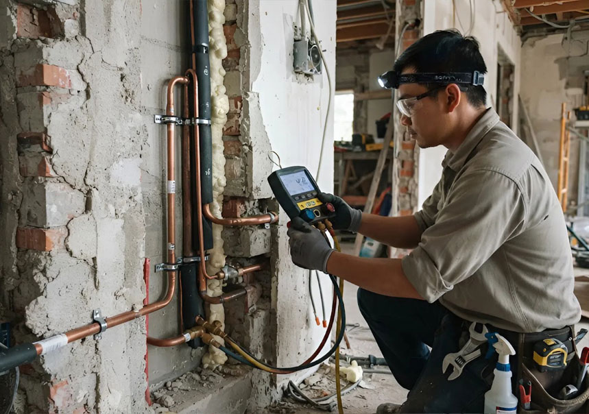 Kiểm tra đường ống đồng điều h&ograve;a &acirc;m tường trước khi ho&agrave;n thiện