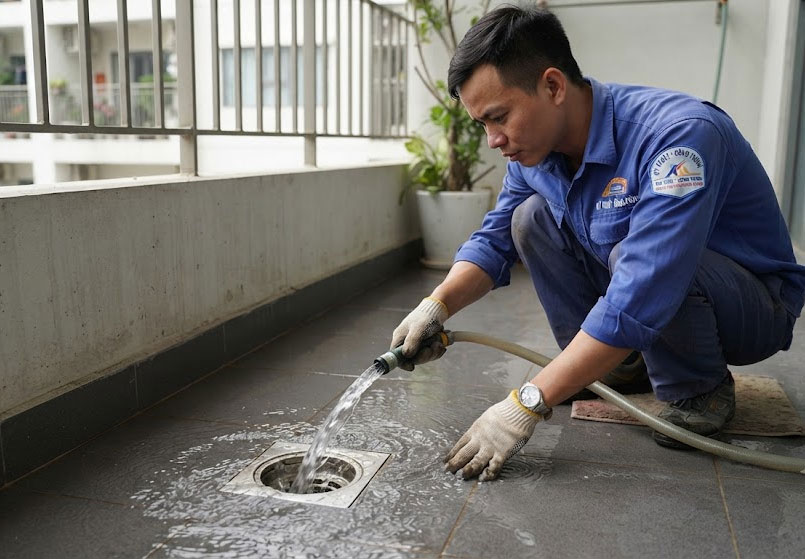 Kiểm tra khả năng tho&aacute;t nước của đường ống tho&aacute;t nước nh&agrave; th&ocirc;