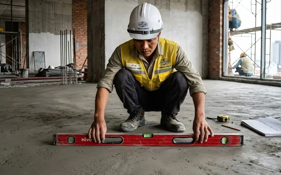 Sử dụng thước Nivo kiểm tra độ phẳng bề mặt nền xi măng