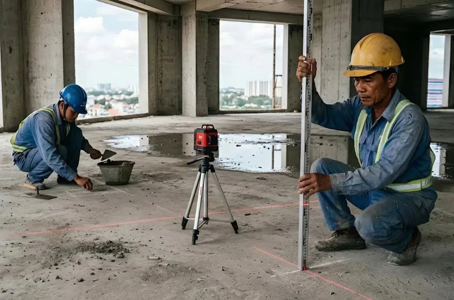 Kỹ sư sử dụng m&aacute;y bắn cốt laser để kiểm tra cao độ s&agrave;n nh&agrave; th&ocirc;