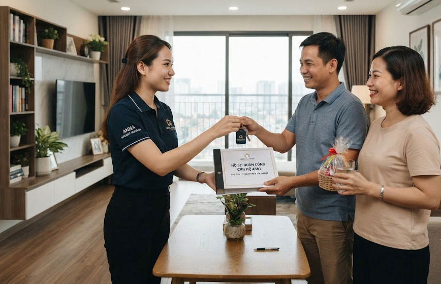 B&agrave;n giao ch&igrave;a kh&oacute;a v&agrave; hồ sơ ho&agrave;n c&ocirc;ng nội thất cho gia chủ