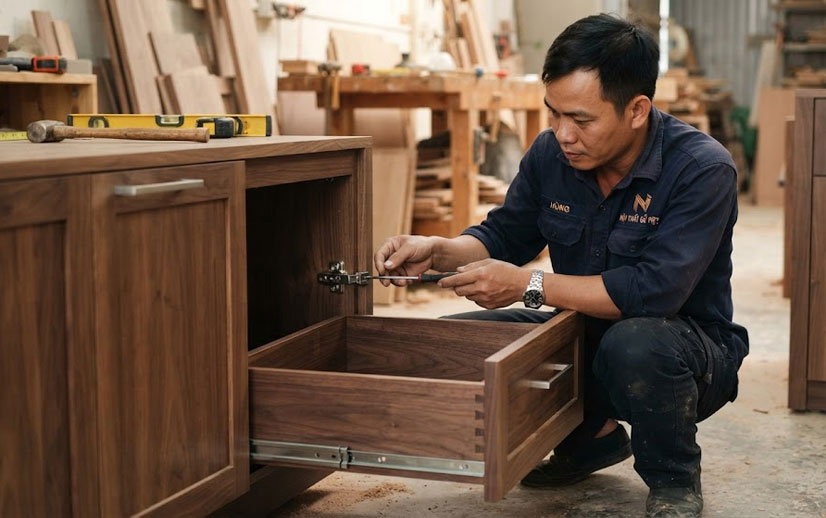 Kiểm tra khe nối v&agrave; độ đồng đều giữa c&aacute;c c&aacute;nh tủ gỗ &oacute;c ch&oacute;