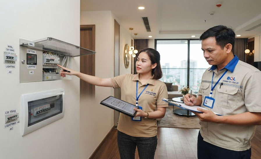 Kỹ sư phối hợp với BQL kiểm tra hiện trạng v&agrave; hệ thống kỹ thuật sau thi c&ocirc;ng nội thất