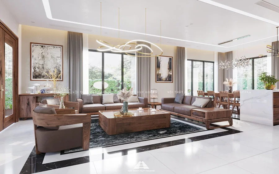 Thi công, thiết kế nội thất biệt thự gỗ óc chó đẹp, uy tín