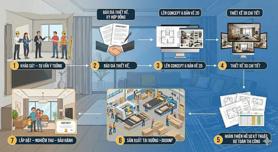 Quy tr&igrave;nh thiết kế v&agrave; thi c&ocirc;ng nội thất chung cư gỗ &oacute;c ch&oacute;