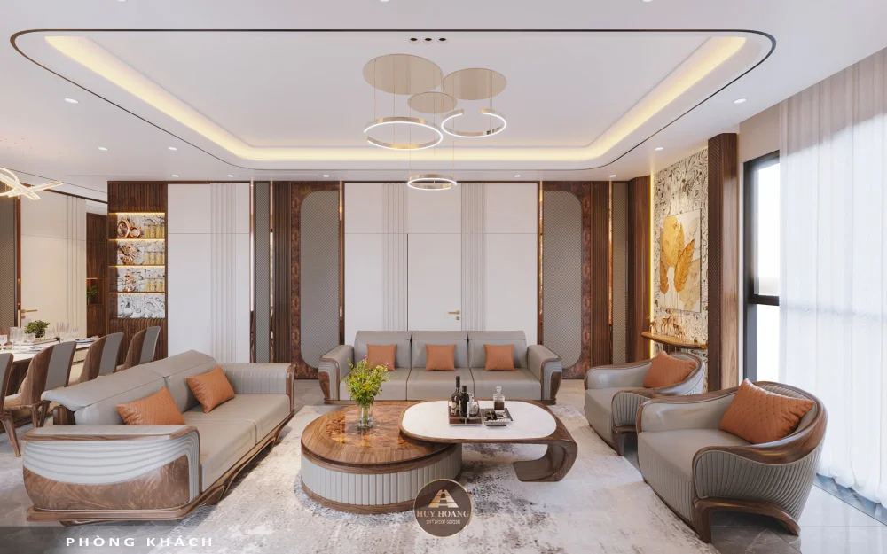Ph&ograve;ng kh&aacute;ch chung cư với sofa gỗ &oacute;c ch&oacute; tạo điểm nhấn sang trọng v&agrave; thể hiện gu thẩm mỹ của gia chủ