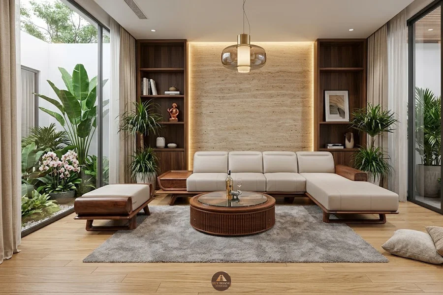 Sofa gỗ &oacute;c ch&oacute; chữ L nhỏ gọn c&acirc;n bằng giữa c&ocirc;ng năng v&agrave; thẩm mỹ