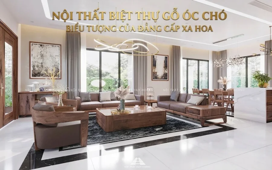 Thi công, thiết kế nội thất biệt thự gỗ óc chó đẹp, uy tín