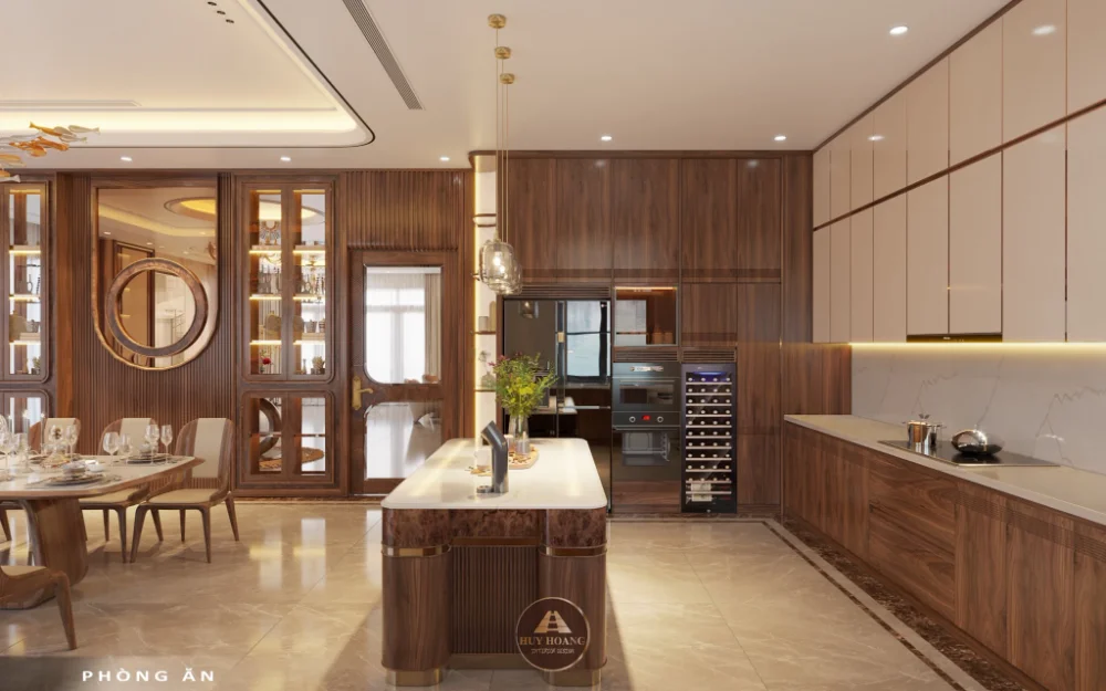 Hệ tủ bếp b&agrave;n đảo b&agrave;n ăn v&agrave; &aacute;nh s&aacute;ng đều được t&iacute;nh to&aacute;n đồng bộ tỉ mỉ
