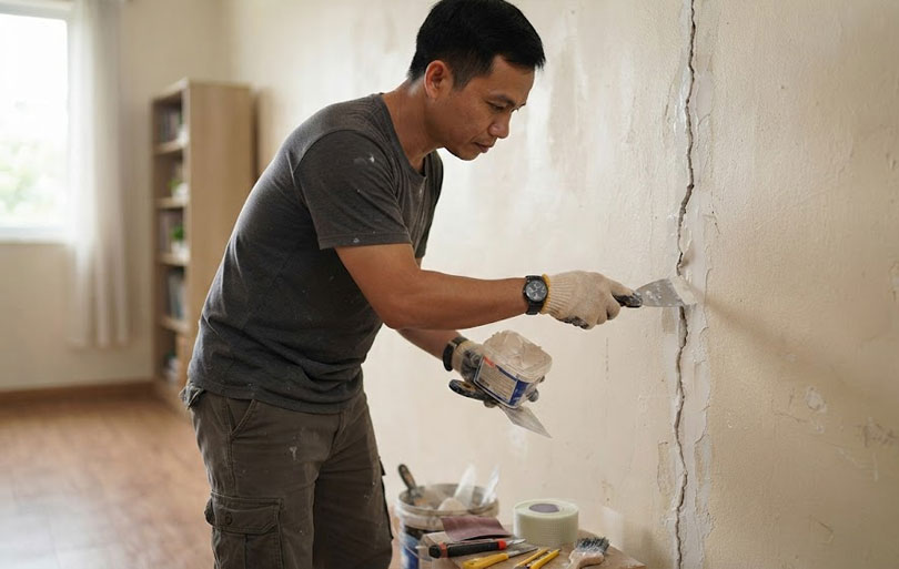 Hướng dẫn c&aacute;ch xử l&yacute; nứt tường vị tr&iacute; khe l&uacute;n nh&agrave; liền kề