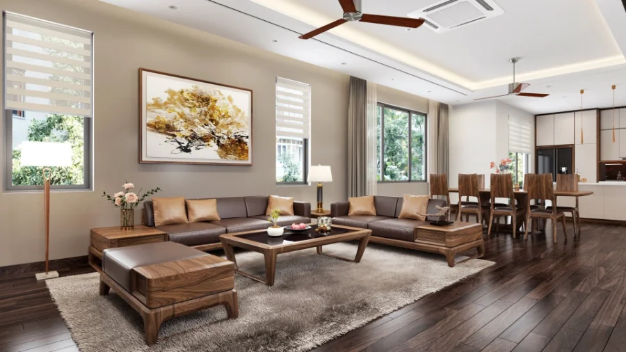 Khu vực chuyển tiếp ho&agrave;n hảo giữa ph&ograve;ng kh&aacute;ch v&agrave; bếp với b&agrave;n ăn gỗ &oacute;c ch&oacute;