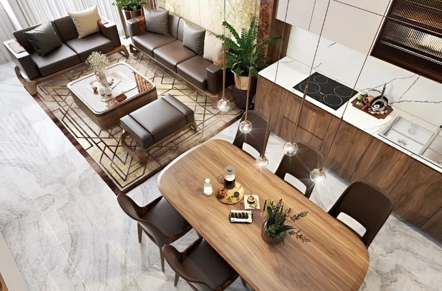 xu hướng ph&ograve;ng bếp liền ph&ograve;ng kh&aacute;ch gỗ &oacute;c ch&oacute;