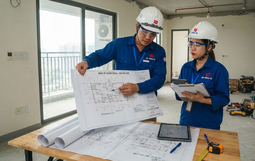 Kỹ sư kiểm tra hồ sơ bản vẽ ho&agrave;n c&ocirc;ng nội thất trước khi b&agrave;n giao căn hộ