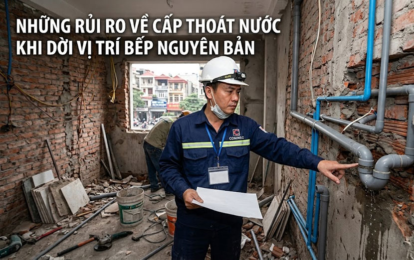 T&igrave;m hiểu những rủi ro về cấp tho&aacute;t nước khi dời vị tr&iacute; bếp nguy&ecirc;n bản