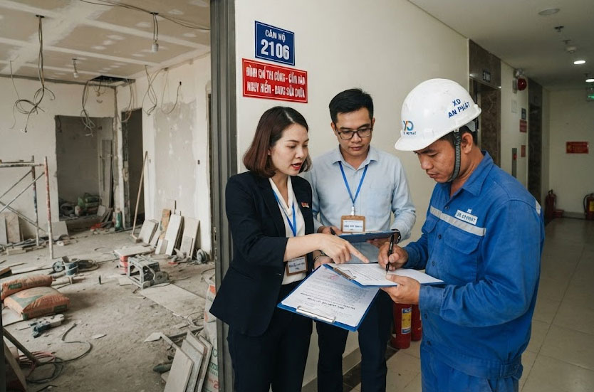 Ban quản l&yacute; lập bi&ecirc;n bản đ&igrave;nh chỉ thi c&ocirc;ng do vi phạm quy định tại khu đ&ocirc; thị cao cấp