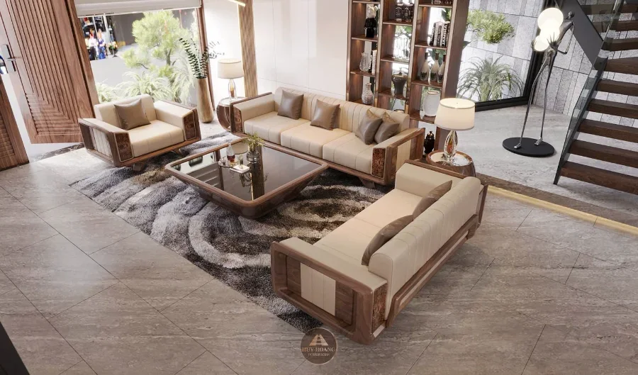Kh&ocirc;ng gian ph&ograve;ng kh&aacute;ch biệt thự nổi bật với sofa gỗ &oacute;c ch&oacute; cao cấp