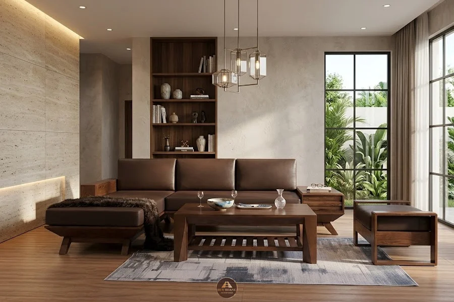 Mẫu sofa gỗ &oacute;c ch&oacute; chữ L cho ph&ograve;ng kh&aacute;ch nhỏ