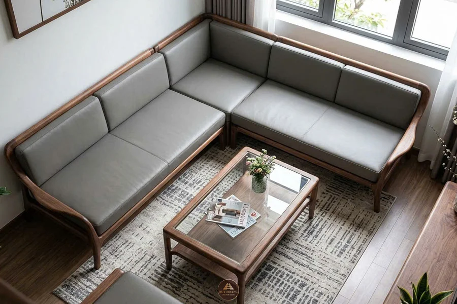 Sofa gỗ chữ L g&ocirc;̃ óc chó bọc da b&ograve; &Yacute; sang trọng