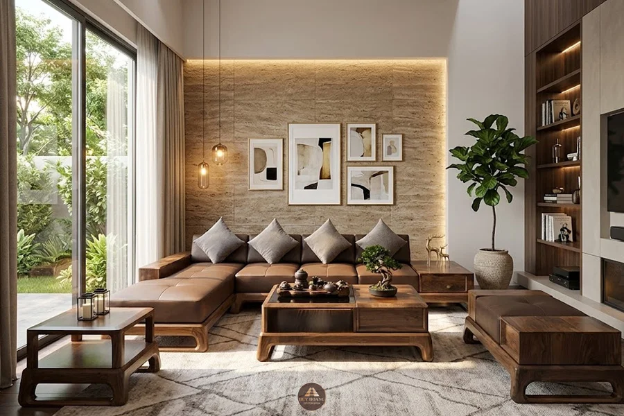 Mẫu sofa gỗ &oacute;c ch&oacute; chữ L phong c&aacute;ch tối giản