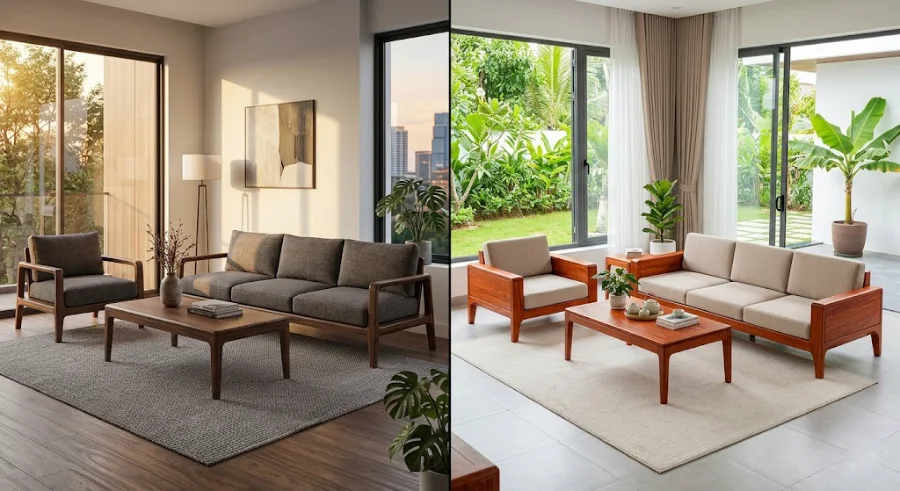 So s&aacute;nh sofa gỗ &oacute;c ch&oacute; v&agrave; sofa gỗ g&otilde; đỏ