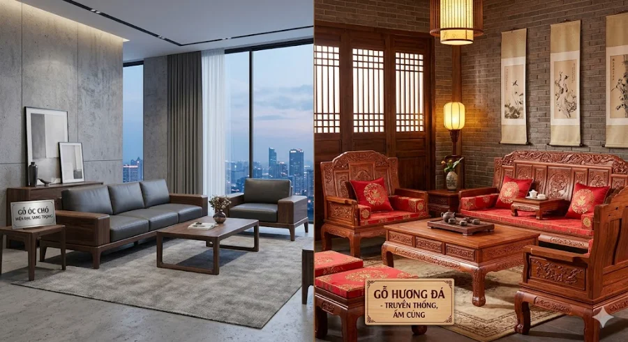 N&ecirc;n chọn sofa gỗ &oacute;c ch&oacute; hay gỗ hương đ&aacute;