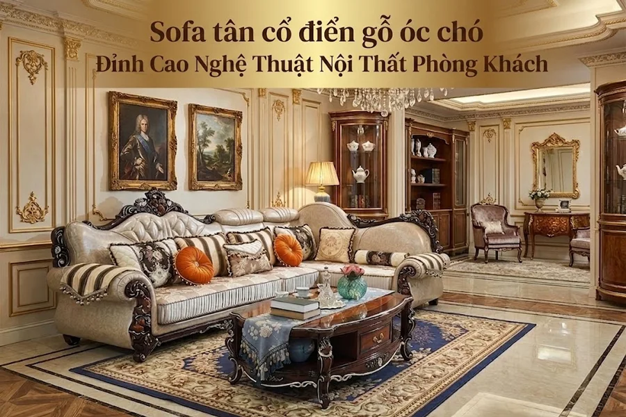 Sofa t&acirc;n cổ điển gỗ &oacute;c ch&oacute; sang trọng, điểm nhấn đẳng cấp cho ph&ograve;ng kh&aacute;ch