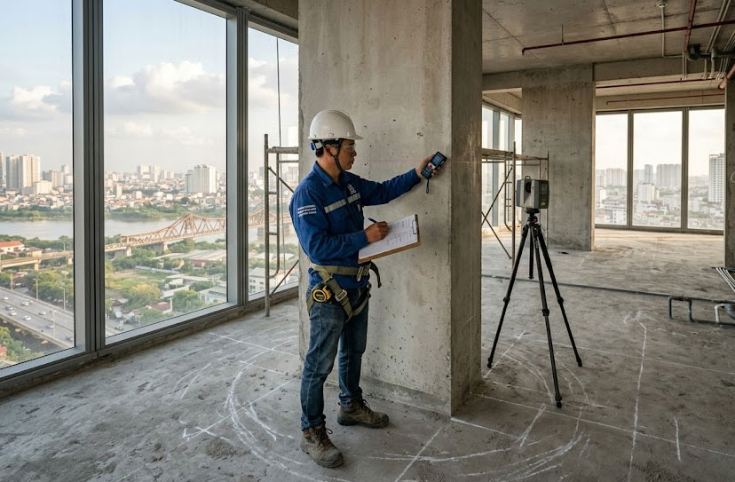 Kiểm tra k&iacute;ch thước v&agrave; kết cấu v&agrave; hệ thống kỹ thuật trước khi thi c&ocirc;ng