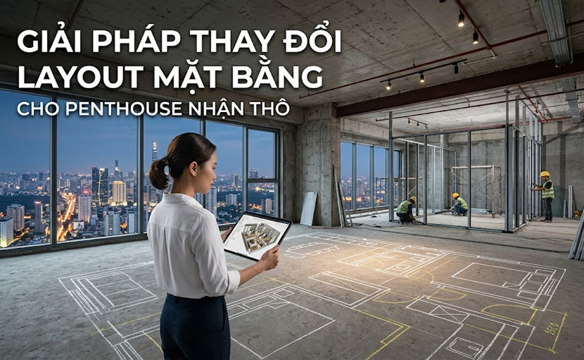 Penthouse nhận b&agrave;n giao th&ocirc; trước khi cải tạo v&agrave; tổ chức lại mặt bằng
